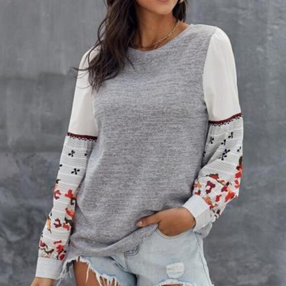 TRÏBE Boho Long Sleeve Gray Sweatshirt Size XL NWT - Picture 1 of 10